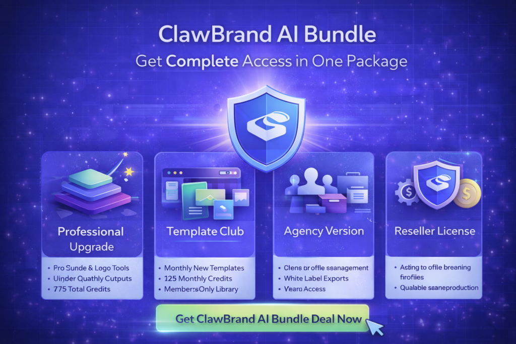 ClawBrand AI bundle deal showing full access to professional upgrade, template club, agency and reseller features