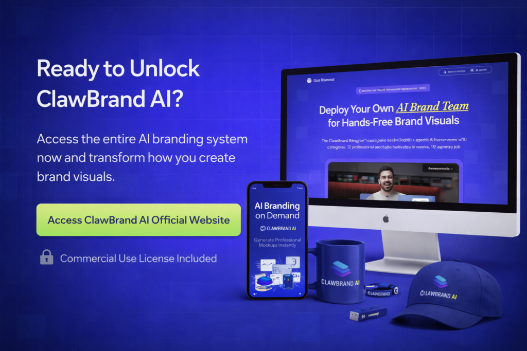 ClawBrand AI branding system dashboard with mockup generator, mobile view and branded assets for creating professional visuals