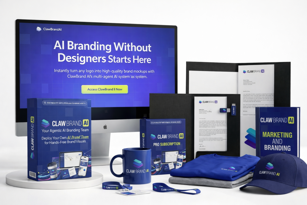 ClawBrand AI dashboard showing AI brand mockup generator with product branding visuals and templates