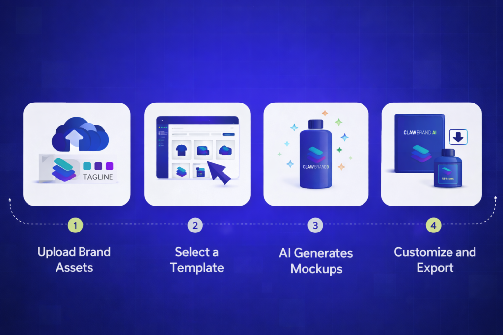 ClawBrand AI process showing steps to create brand mockups including upload assets, select template, generate mockups and export