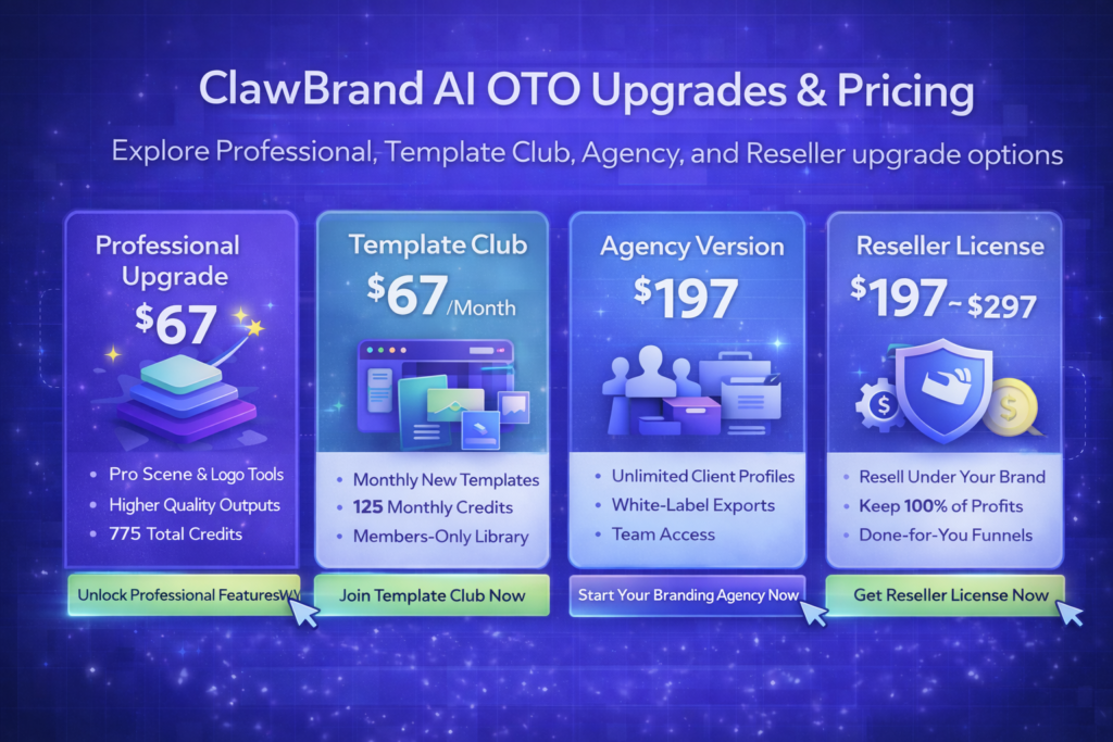 ClawBrand AI OTO upgrades showing professional, template club, agency and reseller plans with pricing and features