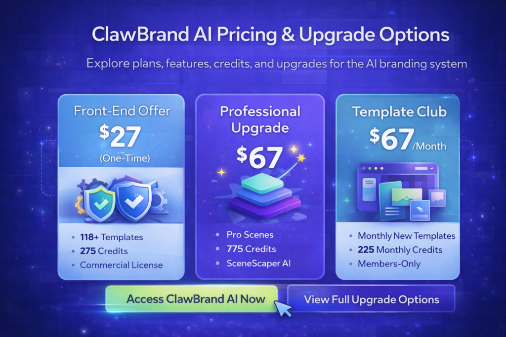 ClawBrand AI pricing plans showing front-end offer, professional upgrade and template club with features and credits